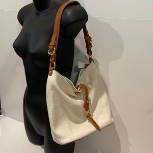 Valentina Shoulder Leather Bag tan & white